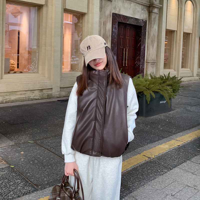2026 Cross-Border Autumn and Winter Women's Pu Leather Stand Collar Cotton Vest Loose Sleeveless Short Vest Jacket 2026 Cross-Border Autumn and Winter Women's Pu Leather Stand Collar Cotton Vest Loose Sleeveless Short Vest Jacket