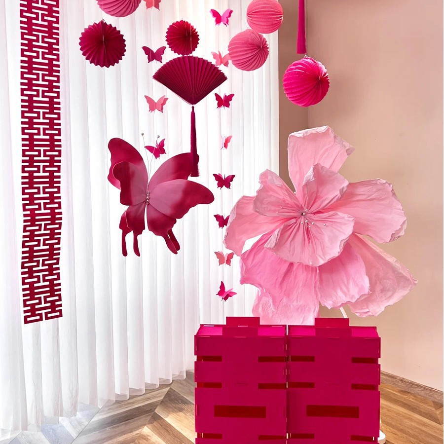 *나비 수박 웨딩룸 - 핑크 컬러 [입체적인 행복한 캐릭터와 초대형 종이 연 꽃 포함]*
