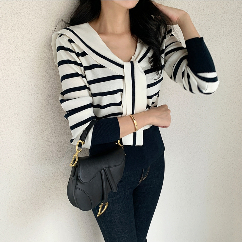 Autumn New Vintage Navy Collar Lace-up Striped All-match Sweater Women's Elegant Long-sleeved Top Trendy