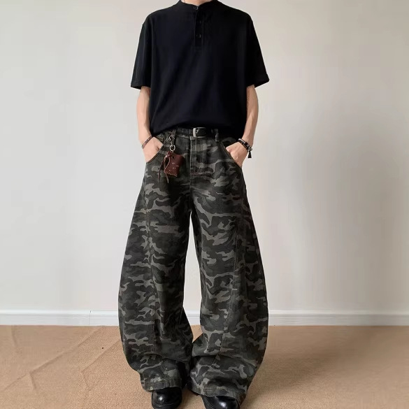 跨境迷彩工装裤男美式街头复古牛仔hiphop嘻哈高街宽松休闲长裤子