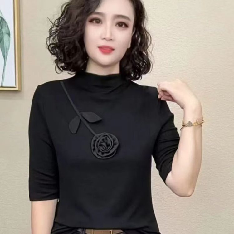 一件代发直播爆款半高领打底衫2025秋季新款中袖T恤女五分袖上衣|undefined