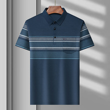 夏季中年男翻领薄款上衣短袖男中老年男士爸爸装条纹真口袋POLO衫