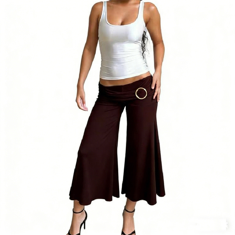 European and American cross-border Amazon women's new summer solid color simple style pleated metal buckle flared low-waist cropped pants