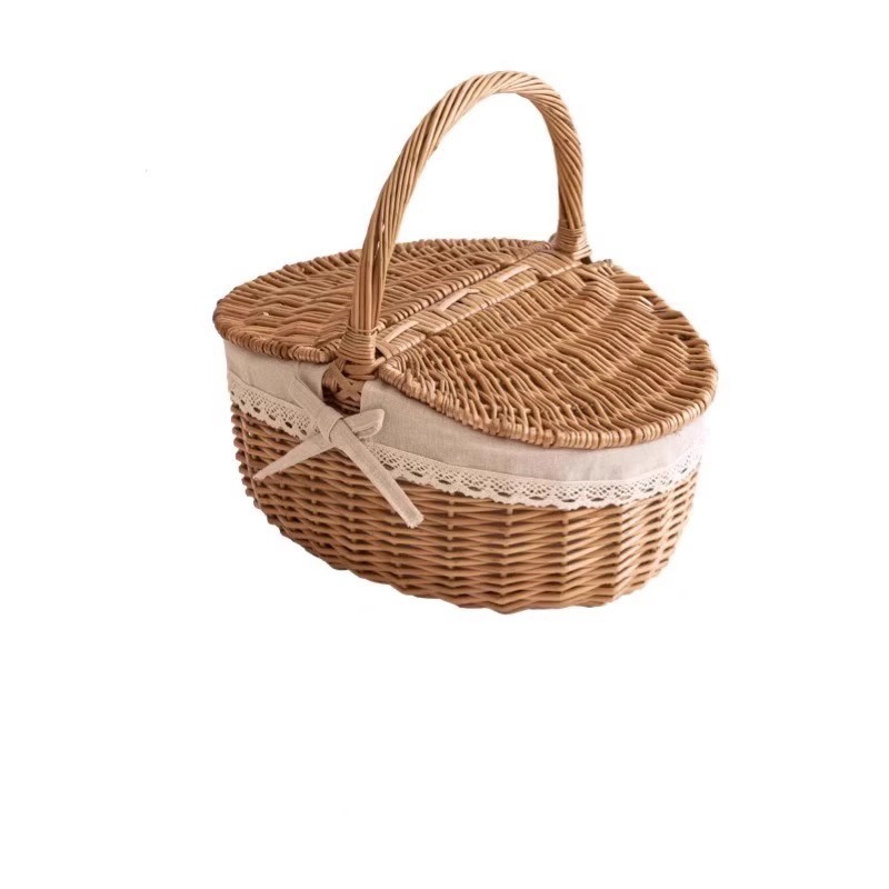 Excursión de primavera personalizada, cesta de picnic portátil de sauce pastoral, cesta de comedor plegable con tapa, accesorios para fotos, picnic al aire libre