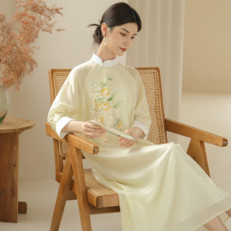 Qing Shuzhai Women's Zen Tea Dress Chinese Style National Style Retro Hand-painted Printed Skirt Casual Mid- Length Skirt