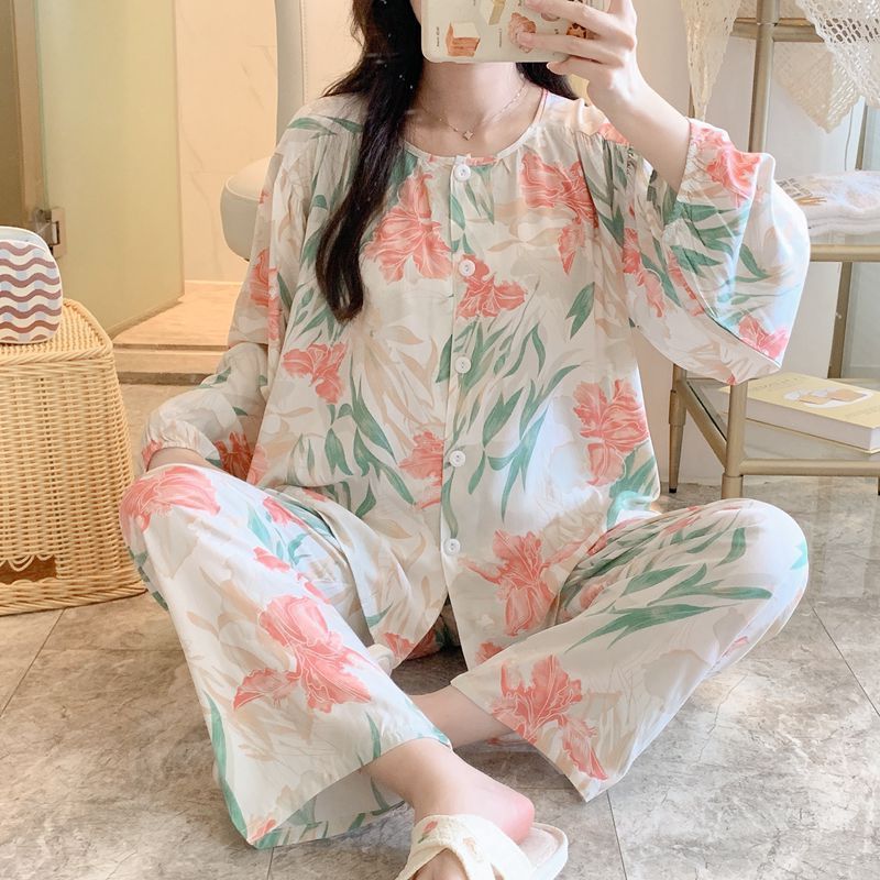 棉绸睡衣女春秋夏薄款宽松大码长袖长裤人造棉套装家居可外穿开衫|undefined
