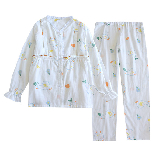 Spring and summer confinement clothes pure cotton gauze thin long-sleeved home clothes set double-layer gauze maternity pajamas one piece drop shipping