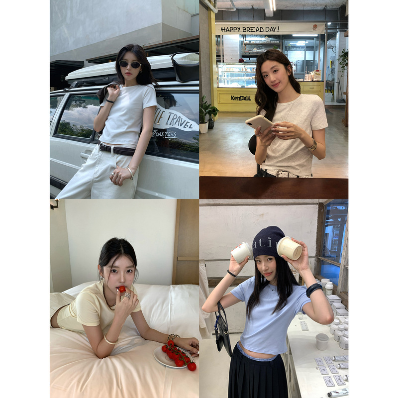 【Special Offer from Thirteen Rows, No Returns or Exchanges】Basic Solid Color Regular Shoulder Short Sleeve Women's T-Shirt Slim Fit 2025 Short Top