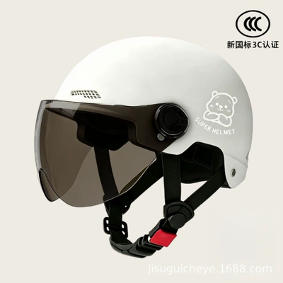 Certified New National Standard Electric: Motosiklet kaskı (dəbilqə) - white-tea-tinted-short-lens-silver-white-bear