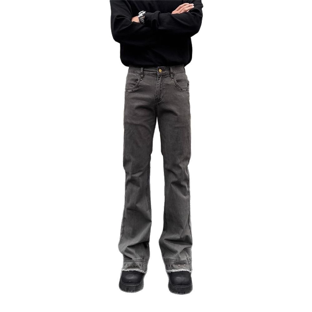 Retro Patchwork Streetwear Jeans Grey Black Men's Distressed Denim Button Fly Slight Flare_voghion.com