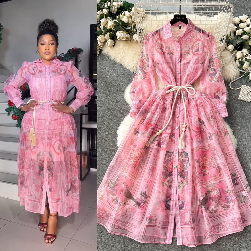 European-style Palace Style Dress Spring Women's Design Sense Retro Printing Slim-fit Long High-end Sense Elegant dress Women