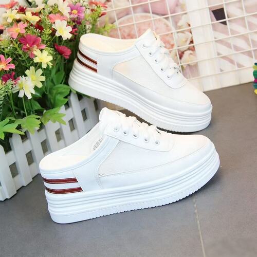 2026 spring and summer new style hollow breathable thick sole small white shoes women's inner height-increasing true soft leather half-support heelless one foot pedal