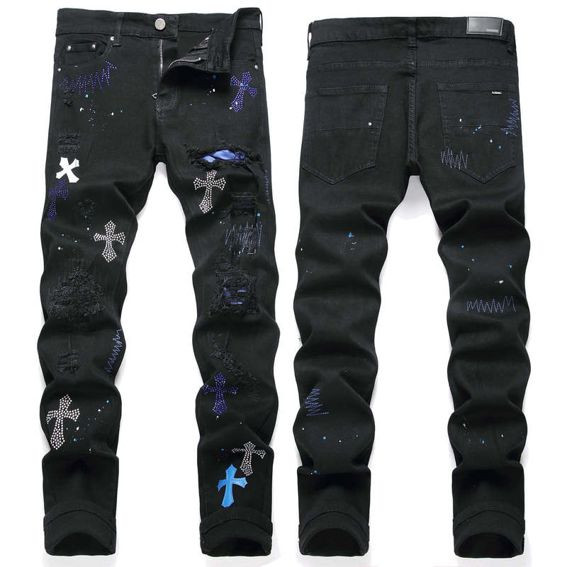 European and American High Street Black Cross Badge Hot Drilling Ripped Jeans Men's Slim-fit Small Legs Casual Long Pants Trendy Brand