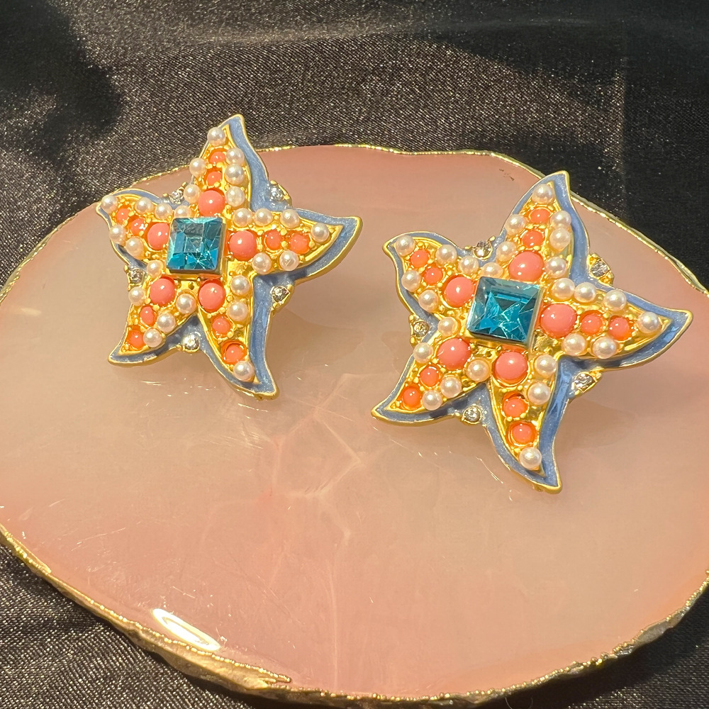 1 Piece Ig Style Starfish Plating Inlay Copper Pearl Zircon Gold Plated Ear Studs display picture 5