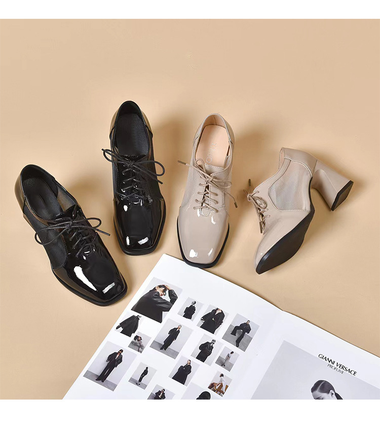 Giày sandal cao gót nữ mũi vuông gót dày da bóng thoáng khí — Màu đen chi tiết 11