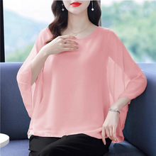 宽松雪纺上衣女2025新款圆领蝙蝠袖夏季女装短袖大码遮肚子小衫潮