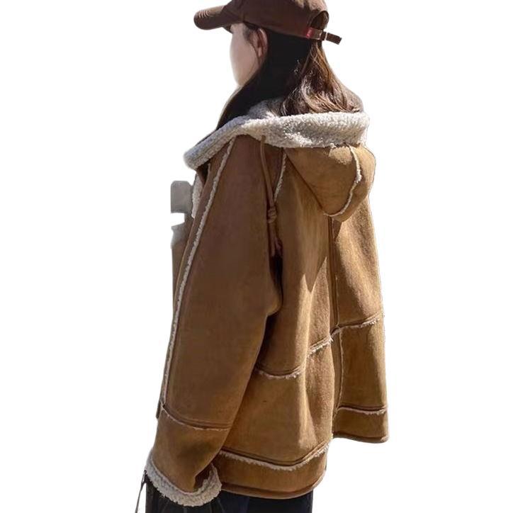 Vinterjacka för dam med fleece och konstläder samt ull huva_voghion.com
