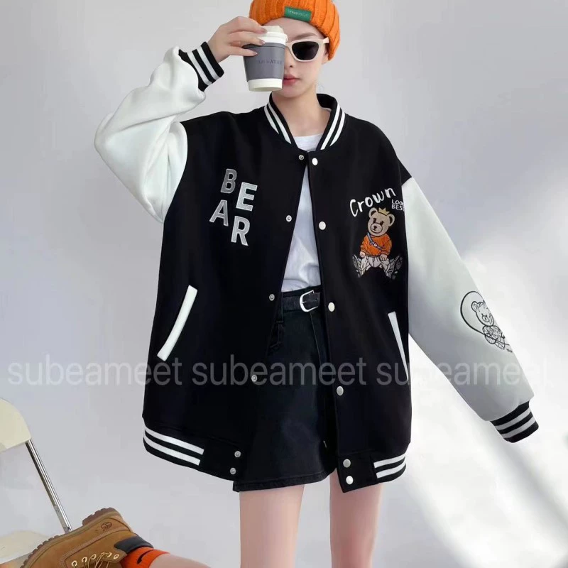 Зимняя одежда больших размеров, свободная Толстая бейсбольная куртка на флисовой подкладке, женский свитер для похудения контрастных цветов в студенческом стиле, топ средней длины