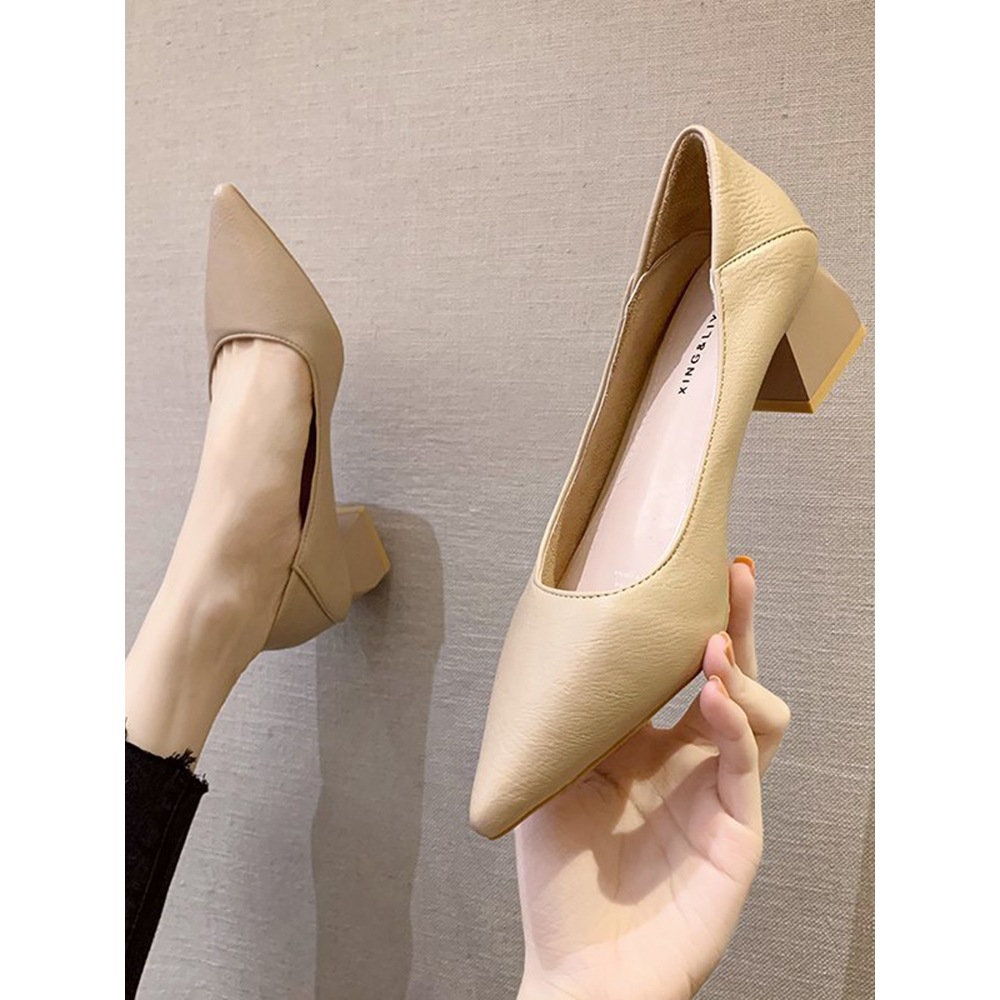 鞋子女2025春季新款职业百搭软皮工作鞋时尚尖头浅口中跟粗跟单鞋