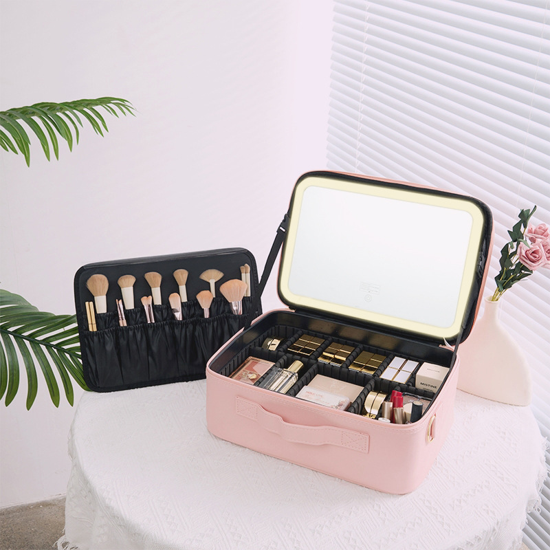 Caja de maquillaje con lámpara con espejo LED bolsa de maquillaje batería de gran capacidad caja de maquillaje bolsa de almacenamiento multifuncional