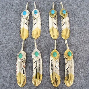 Goro Takahashi Sterling Silver Gold Tail Feather Necklace Pendant, Women's Personalized Turquoise Leaf Pendant, Men's Trendyy Jewelry