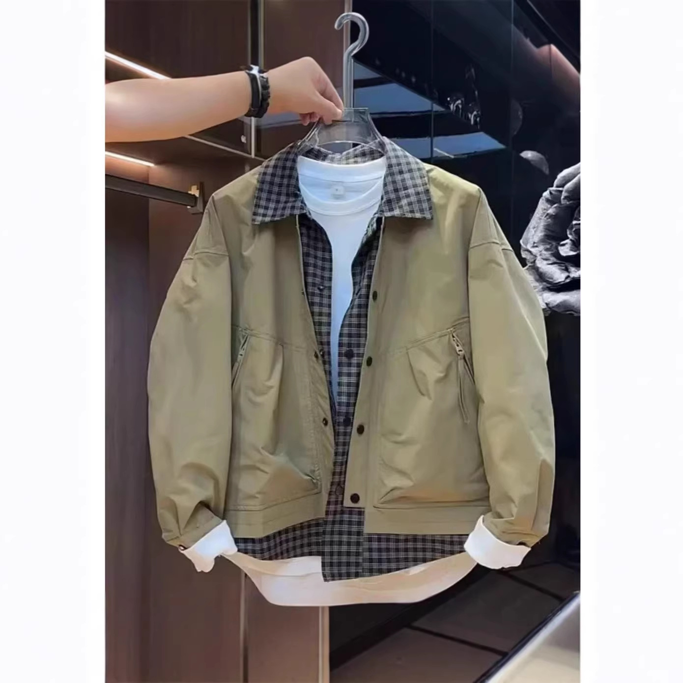 Arbeitsjacke mit kariertem Kragen und Reverskragen – Trendiges Oberteil für junge Leute – Schicke Freizeitjacke_voghion.com