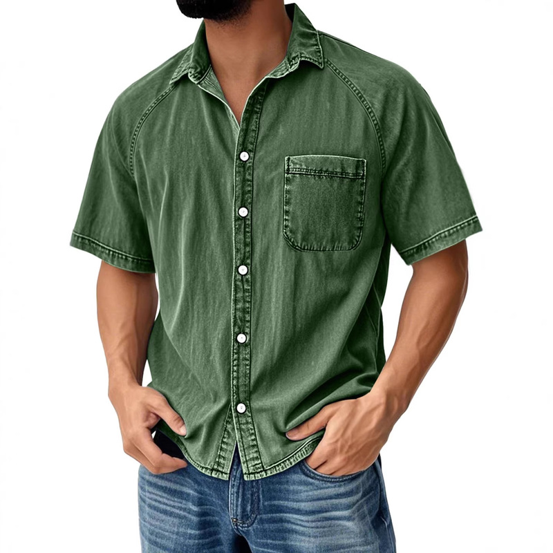 2026 European and American Cross-Border Independent Website Spring and Summer New Cuban Men's Retro Raglan Pocket Casual Short-Sleeve Shirt for Men