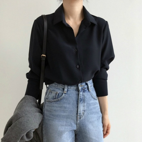 2025 Spring & Autumn Korean Version Loose & Slim Base Shirt Black Professional Commute OL Versatile Top Trendy Women