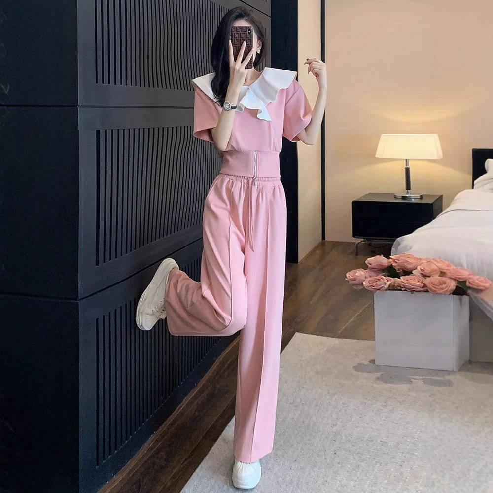 Внешняя торговля Трансграничные 2025 Новый модный повседневный спортивный костюм женский летний сладкий темперамент с короткими рукавами, широкие брюки, два комплекта