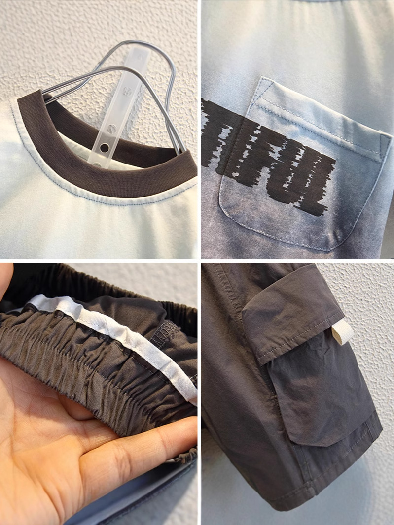 7987 traje de manga corta de verano para niños 2025 nuevo estilo bebé casual de dos piezas ropa de verano para niños marea