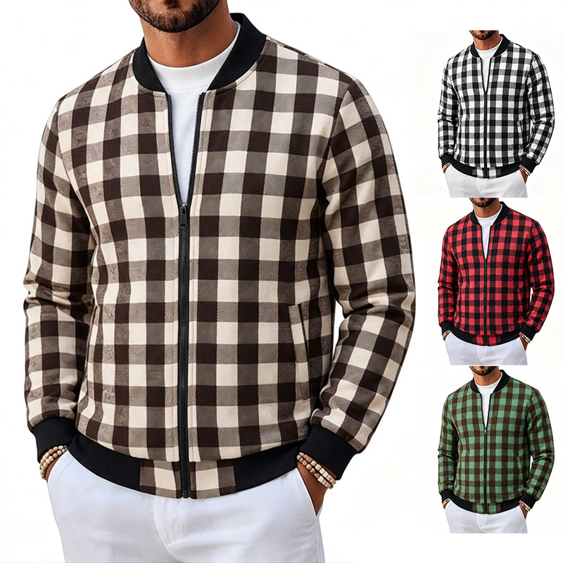 European size autumn and winter men's plaid baseball collar jacket, wool plaid zip-up coat, casual men's clothing in stock for wholesale European size autumn and winter men's plaid baseball collar jacket, wool plaid zip-up coat, casual men's clothing in stock for wholesale