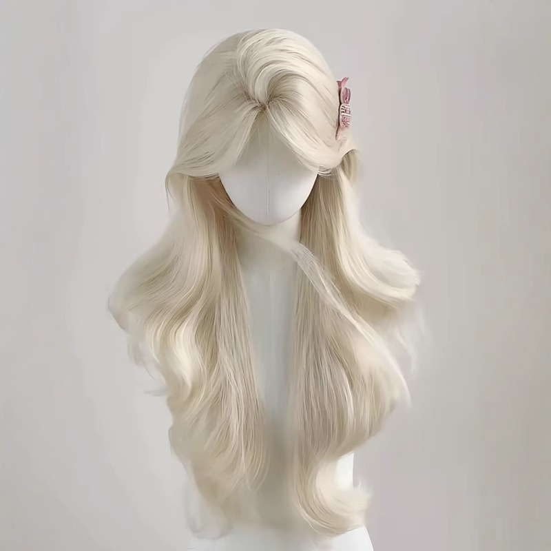 【Flower】 Platinum Blonde Wig for Women, Full Head Wig with Large Wavy Long Hair and Side Bangs, Universal Co Wig Set