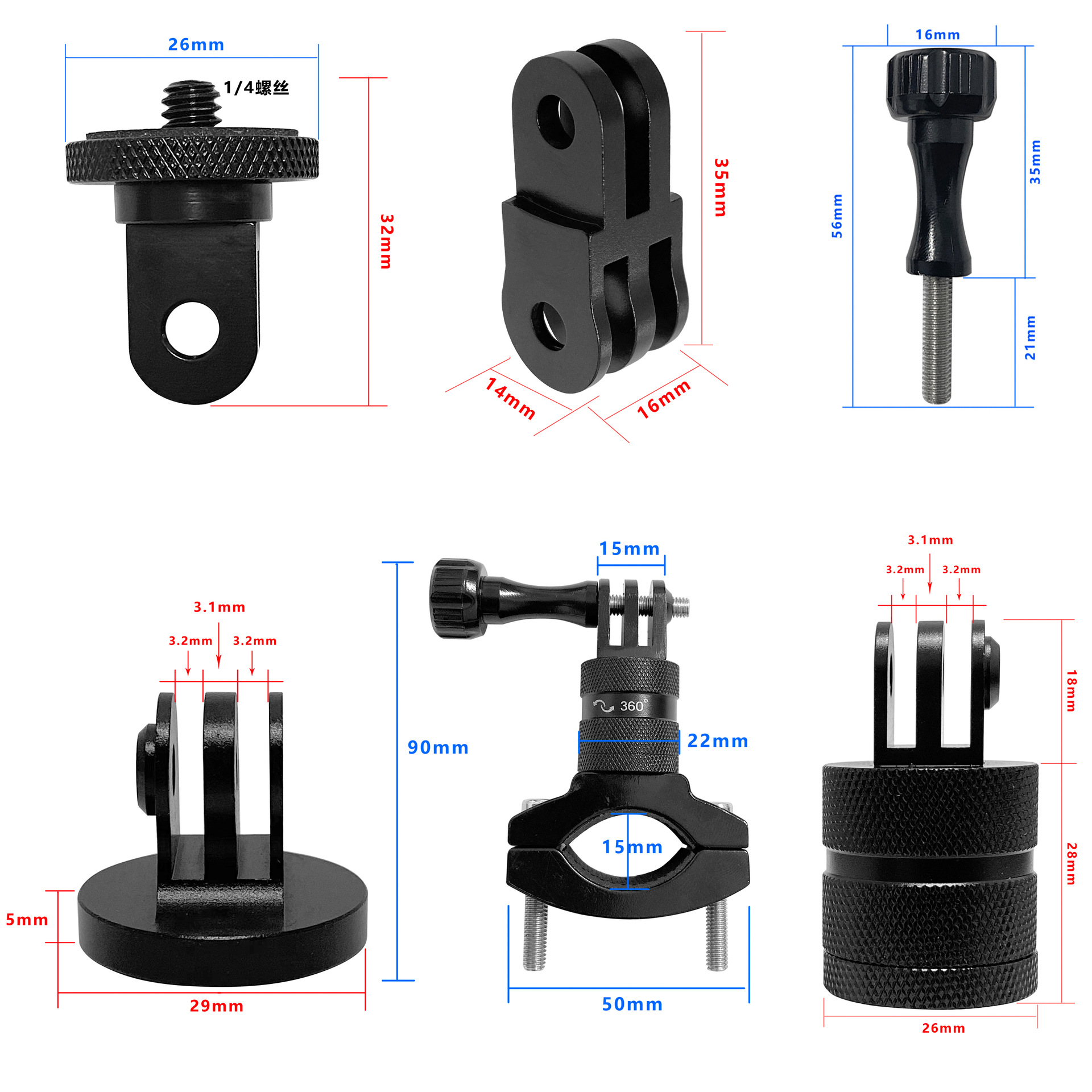Gopro deportes accesorios de la Cámara sola y doble cabeza 5mm adaptador 360 grados giratoria bicicleta soporte varilla larga tornillo