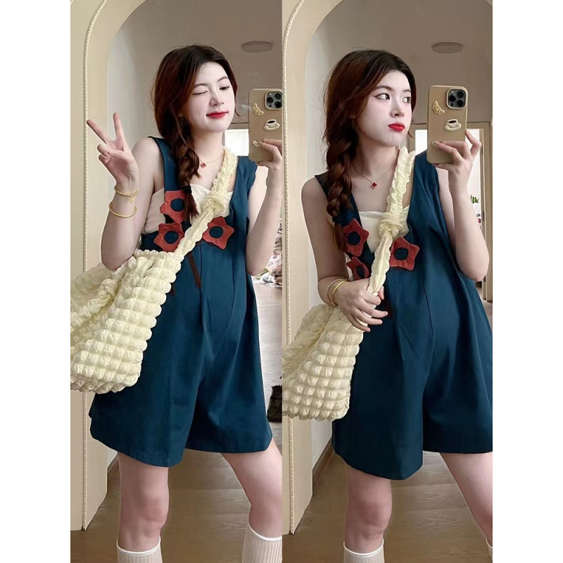 in stock Pregnant Women Summer New Korean Style Loose Strap Shorts Small Slim Look Jumpsuit Wide Leg Shorts