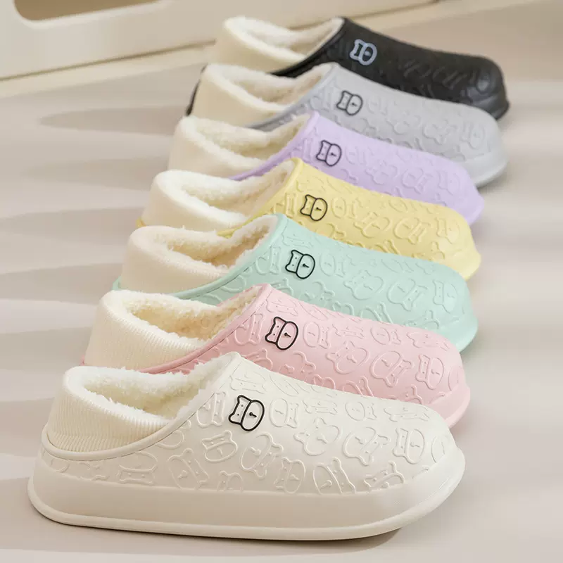 防水家居小熊棉鞋女秋冬季保暖情侣厚底包跟外穿加绒加厚月子拖鞋