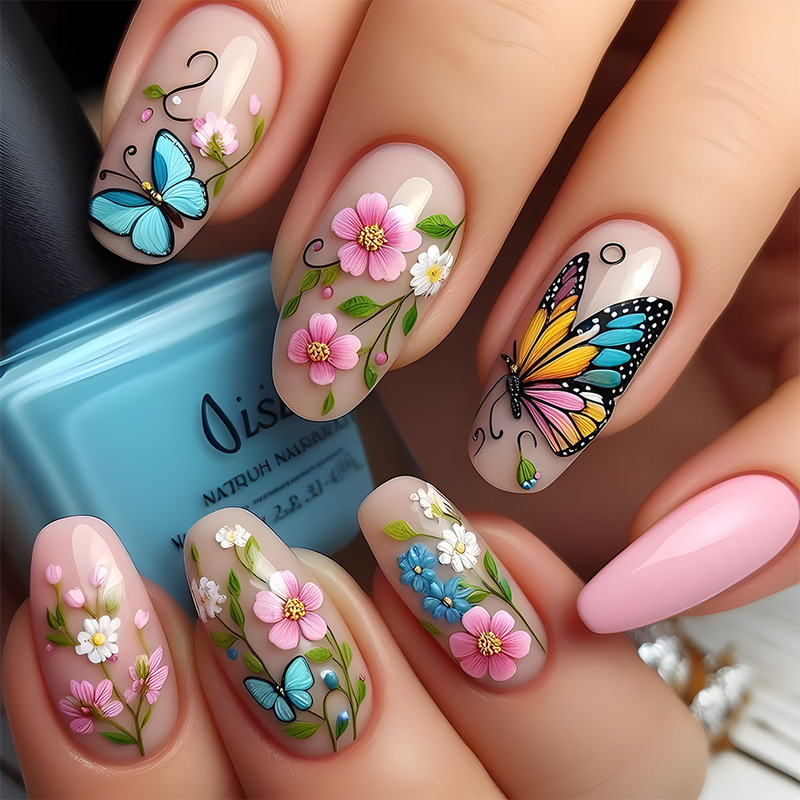 Spring pastoral flower manicure piece simple short nail patch finished wholesale European and American hot butterfly wear