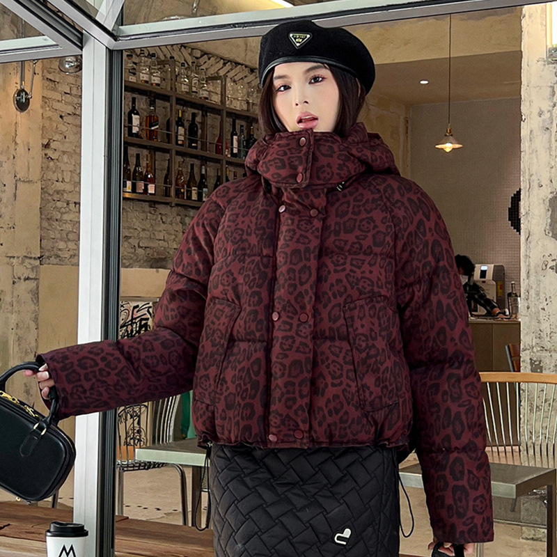 2025冬季新款美式短款羽绒棉服女豹纹小个子加厚棉袄立领面包外套|undefined