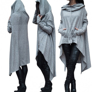 Foreign trade women's clothing 2024 European and American street women's clothing loose plus size long solid color long hooded long sleeve sweater