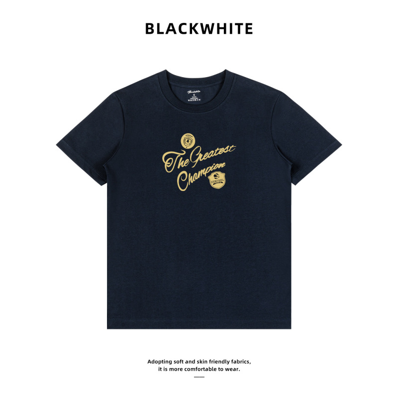College-Style Gold Champion Slogan Double Badge Print Navy Blue Short-Sleeve Top Sporty Couple's Base Shirt C185 College-Style Gold Champion Slogan Double Badge Print Navy Blue Short-Sleeve Top Sporty Couple's Base Shirt C185