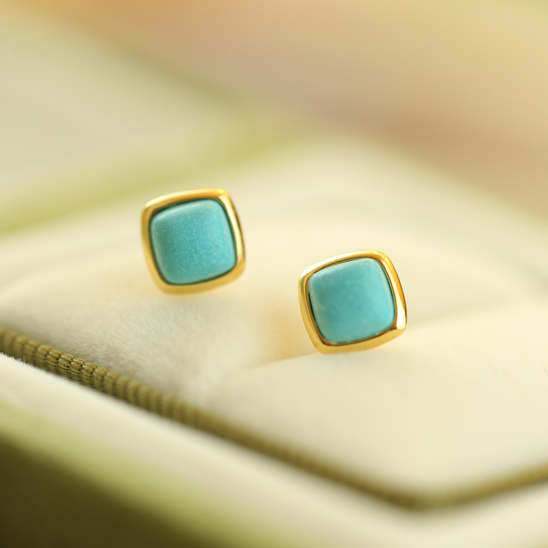 S925 Silver Gold-Plated Inlaid Turquoise Square Nails Sky Blue Simple Daily Versatile Ear Piercing Women's Earrings Earrings