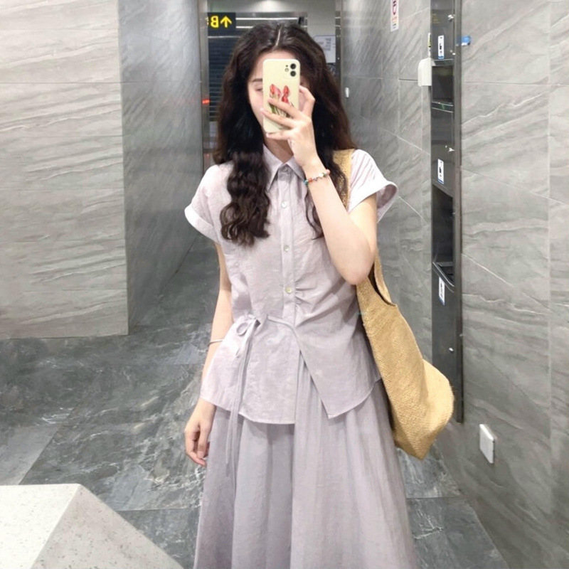 2025新款法式紫色衬衫连衣裙子女夏季韩系穿搭高级感收腰套装长裙|undefined