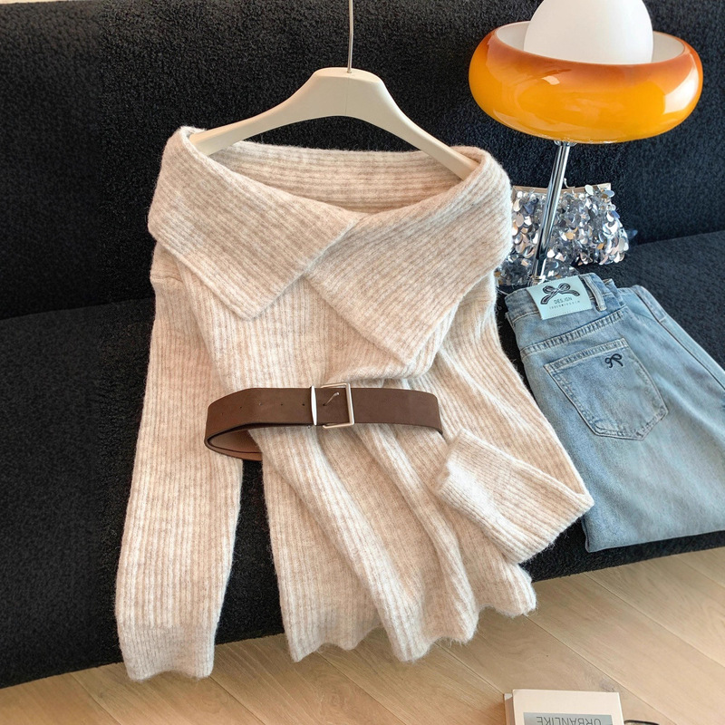 Lazy Aesthetic Asymmetrical Large Lapel Off-Shoulder Mixed Color Lazy Knitwear Women's Autumn and Winter One-Shoulder Knitwear with Belt