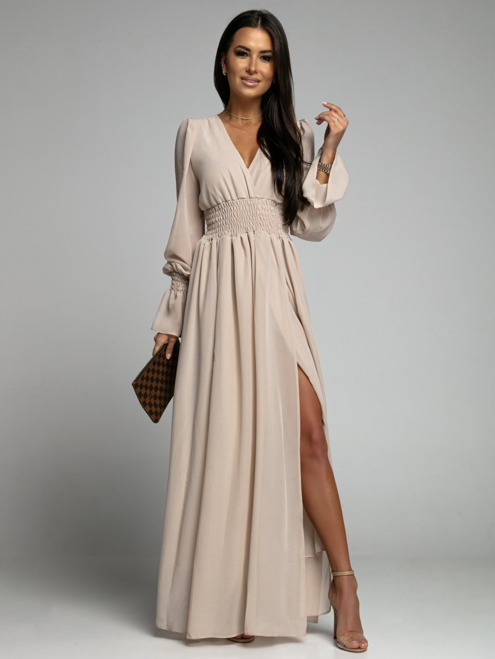 solid color V-neck waist petal sleeves chiffon dress  NSCXY136242