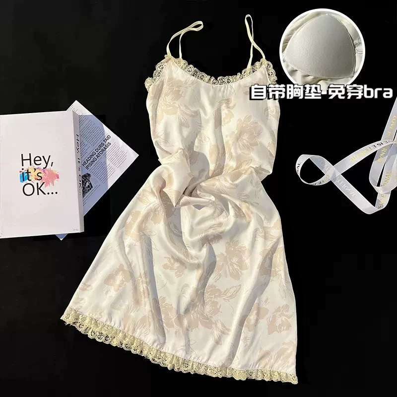 Шелковая майка-пижама на бретелях с чашечками, стиль slip-dress, принт кролик, размеры M–XXL (75–150 цун)