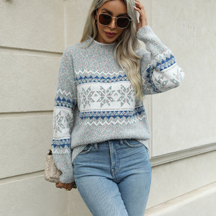 Chenille European and American Export Christmas Knitwear 2024 Autumn and Winter New Amazon Half Turtleneck Snowflake Knitwear for Women