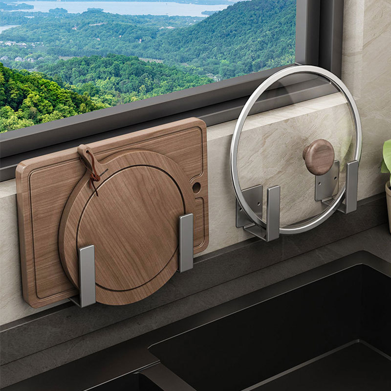 Gun Grey Pot Cover Shelf Punch-free Wall-mounted Kitchen Pot Cover Storage Rack Wall Multi-functional Cutting Board Storage Rack