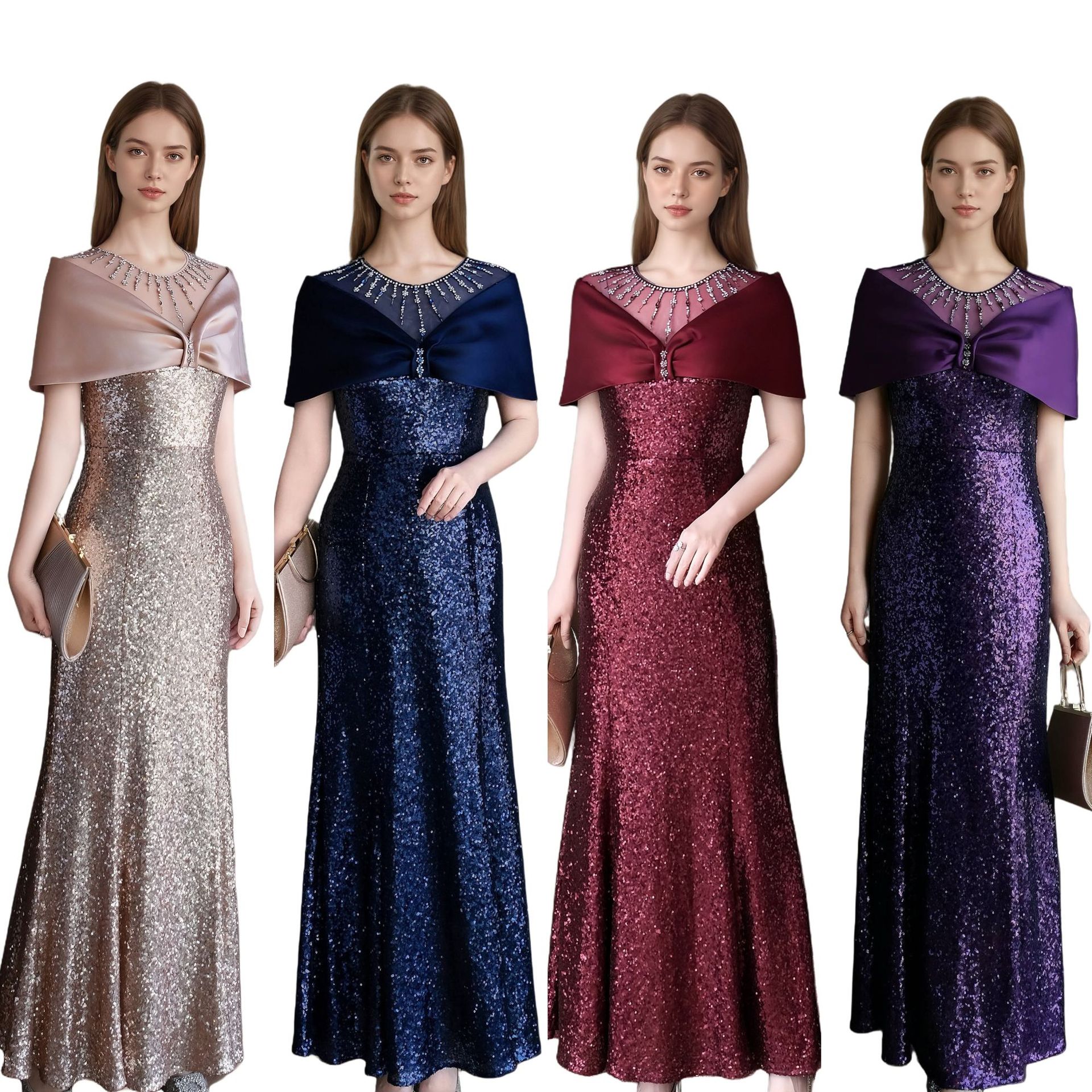Daiweier National Day Wedding Banquet Dress Elegant Slim Sequin Beaded Dress Long Skirt Wedding Fishtail Dress Wedding Mother