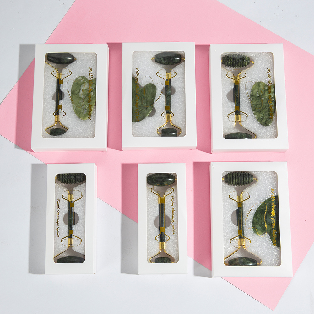 Rueda de jade, caja de masaje, palo de masaje de doble cabeza, placa de masaje de jade, masaje facial de jade, conjunto de masajeador de jade
