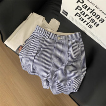 韩国欧尼蓝色条纹短裤女气质通勤时髦休闲显瘦A字阔腿裤夏季新款