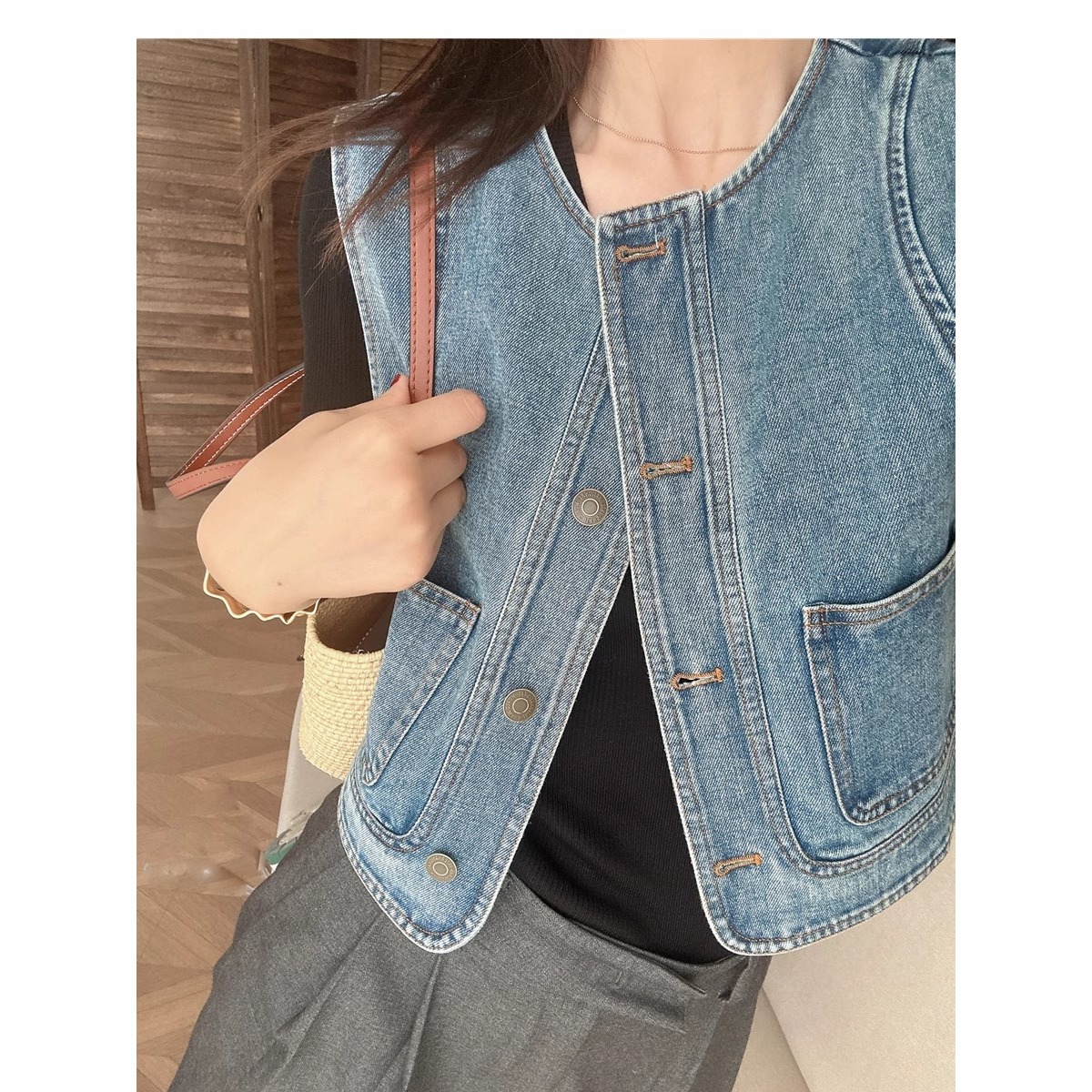 Áo vest denim nữ ngắn tay rộng rãi phong cách thời trang xuân hè — Xanh denim